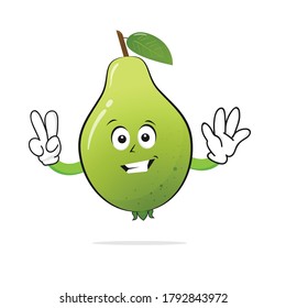 The guava character smiles with two fingers up on the white background - vector