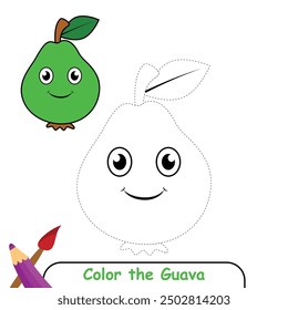 Guava coloring page colored illustration, coloring book or coloring page for kids, guava line drawing, guava vector illustration