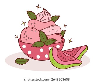 Guava Creamy sweet dessert ice cream in polka dot plate with Mint leaves and tropical Pink fruit slices. Vector Illustration. Exotic food, perfect for summer, menu design, packaging and healthy themes