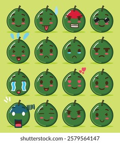 a guava emoticon set for a sticker, design element, or emoji project element