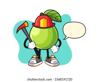 Guava firefighter with speech bubble cartoon. Mascot Character vector.