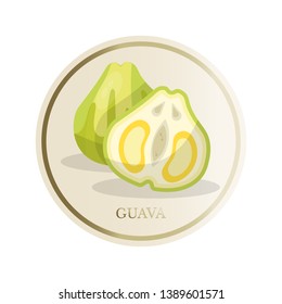 Guava flat circle sticker. Sliced tropical exotic fruit vector illustration. Eco, organic homemade juice, jam patch. Fresh healthy vitamins rich food. Summer cocktails ingredient