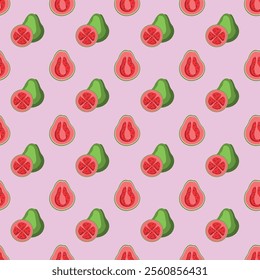 Guava flat seamless pattern on pink background. Wrapping paper, gift card, poster, banner design. Home decor, modern textile print. Summer bright geometric fruits patterned.