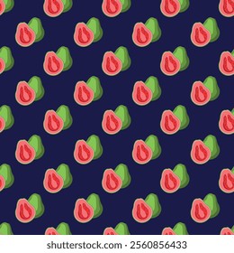 Guava flat seamless pattern on blue background. Wrapping paper, gift card, poster, banner design. Home decor, modern textile print. Summer bright geometric fruits patterned.