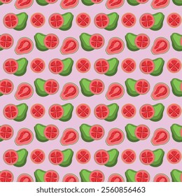 Guava flat seamless pattern on pink background. Wrapping paper, gift card, poster, banner design. Home decor, modern textile print. Summer bright geometric fruits patterned.