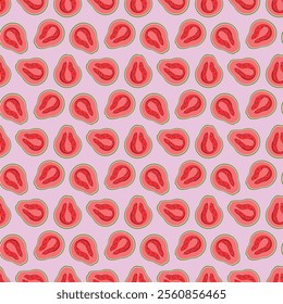 Guava flat seamless pattern on pink background. Wrapping paper, gift card, poster, banner design. Home decor, modern textile print. Summer bright geometric fruits patterned.