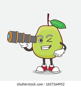 Guava Fruit cartoon mascot character using a monocular