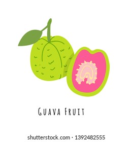 Guava fruit flat vector illustration. Cartoon slices of exotic, tropical fresh fruit. Clipart with typography. Isolated icon for healthy cooking menu, logo design element