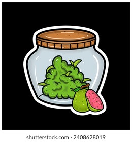 Guava Fruit Flavor With Cartoon Mascot of Weed Bud On Jar. For Sticker and label. Vector and Illustration.