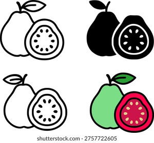 Guava fruit illustration icon set, in outline, silhouette and colored, for food or nature design