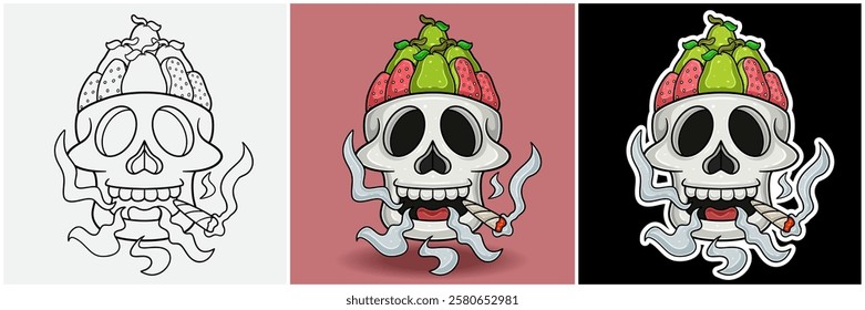 Guava Fruit Inside Skull Head With Smoking Character Cartoon. Black White, Colorful and Sticker Style. For T shirt print, Brand Logo, Label and Mascot product. Vectors Illustrations