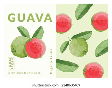 Guava fruit packaging design templates, watercolour style vector illustration.