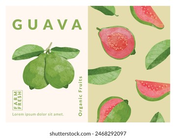 Guava fruit packaging design templates, watercolour style vector illustration.