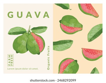 Guava fruit packaging design templates, watercolour style vector illustration.