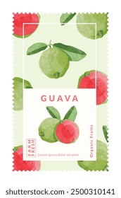 Guava fruit packaging design templates, watercolour style vector illustration.