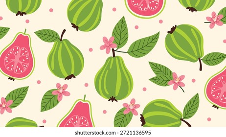 Ilustração de padrão de fruta de goiaba com fatias e flores