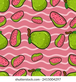 Guava Fruit Seamless Muster im Cartoon Stil. Perfekt für Hintergrund, Hintergrund, Bildschirmhintergrund und Deckverpackungen. Vektorgrafik.