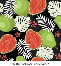 Guava fruit seamless pattern on a black background with exotic leaves. Perfect for wallpaper, food wrapping paper, fabric, background etc