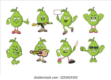 Guava Fruite expression vector pack,Funny cartoon fruits face, Summer fruit characters vector pack isolated on white.
