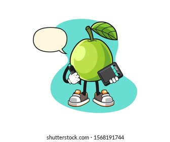 Guava graphic designer with speech bubble cartoon. Mascot Character vector.