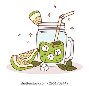 Guava green Drink with ice cubes in clear in mason jar and tropical Fruit slices. Summer Refreshing Cocktail with straw and Mint. Vector Illustration smoothie for ads, promotion, marketing, banner