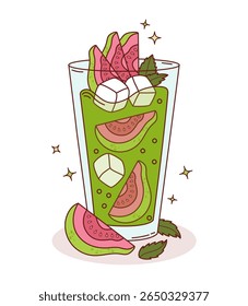 Guava Green Drink with tropical Pink slices, ice cubes and Mint leaves. Summer Fruit Refreshing Cocktail with glass. Vector Illustration. Not ai
