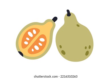 Guava Half, Cut Tropical Fruit. Exotic Fresh Food Cross-section, Piece With Ripe Flesh, Seeds. Healthy Natural Vitamin Eating. Flat Vector Illustration Isolated On White Background