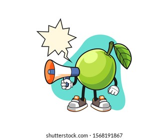Guava hold megaphone with speech bubble cartoon. Mascot Character vector.
