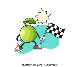 Guava hold racing flag with speech bubble cartoon. Mascot Character vector.