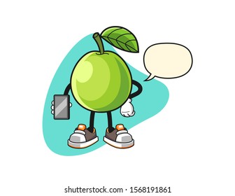 Guava hold smartphone with speech bubble cartoon. Mascot Character vector.