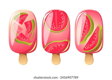 Guava ice cream, fruit popsicle on a wooden stick with guava pieces. Summer cold dessert, frozen juice, fruit ice. Vector illustration.