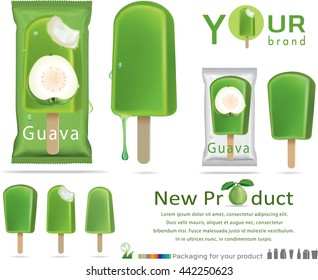 guava ice cream with packaging design.Plastic Pack Template for your design and branding. Vector