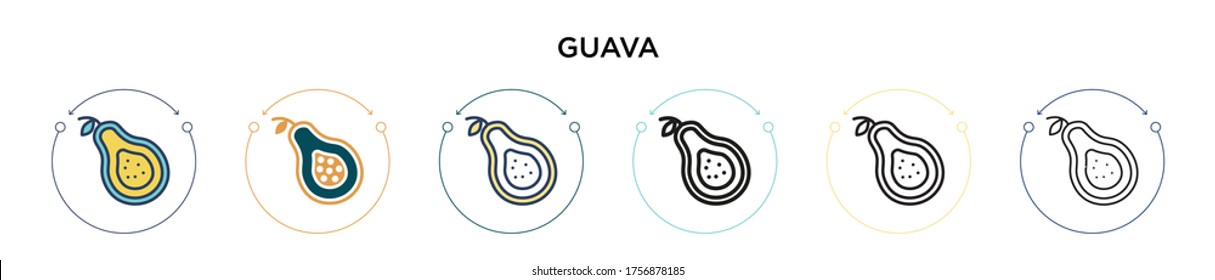 Guava icon in filled, thin line, outline and stroke style. Vector illustration of two colored and black guava vector icons designs can be used for mobile, ui, web