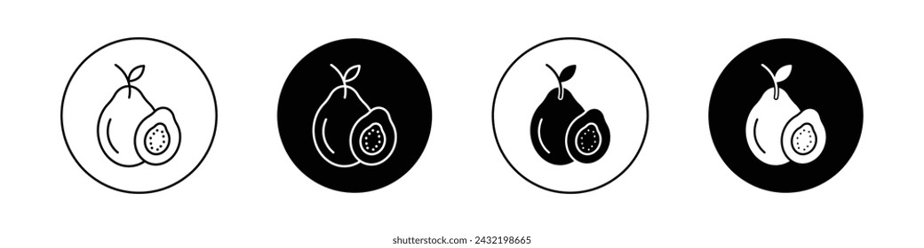 Guava Icon Set. Pink Guava Fruit food vector symbol in a black filled and outlined style. Signature of Tropical Guava Flavor.