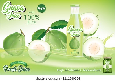 Guava  juice splash Ads. Season sweet of tropical fruits. 3d realistic vector, Food concept design. of free space for your copy and branding.