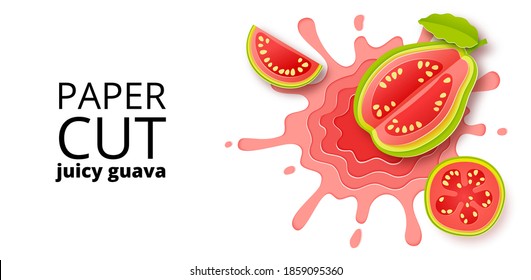 Guava juice splashes and drops in a paper cut style. Guava slices and paper slices. Isolated on white background vector illustration. Vector paper cut poster, banner, design template. Origami art