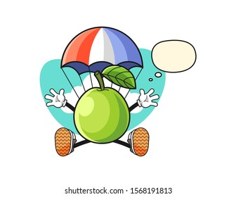 Guava jumping parachute with thought bubble cartoon. Mascot Character vector.