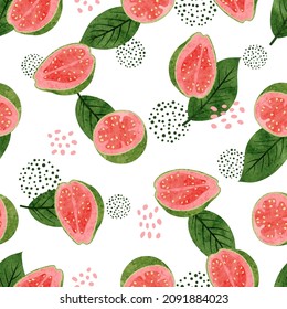 Guava with leaves seamless pattern. Vector watercolor  exotic fruits background.
