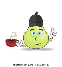 Guava mascot character holding a hot cup of coffee. vector illustration