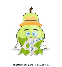 The Guava mascot character holds a map. vector illustration