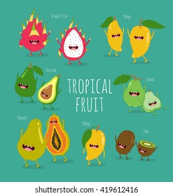 Guava, papaya, mango, kiwi, dragon fruit, avocado. Funny tropical fruits. Vector illustration. Comic character. You can use in the menu, in the shop, in the bar, the card or stickers.