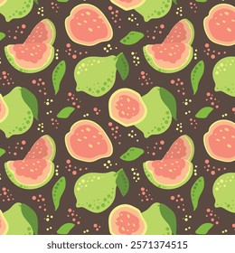 Guava pattern in flat style. Tropical, delicious fruit seamless pattern. Vector background. Summer freshness for health. For background, fabric, juice, ice cream or packaging.