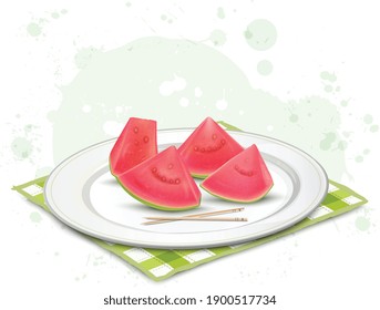 guava pieces in white plate vector illustration