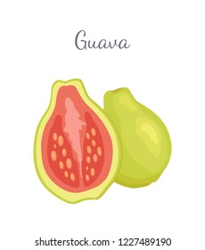 Guava or pineapple guavas exotic juicy fruit whole and cut vector isolated. Tropical edible food, dieting veggies full of vitamins with eatable flesh