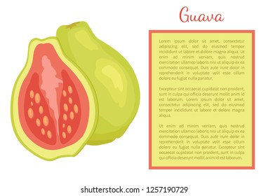 Guava or pineapple guavas exotic juicy fruit whole and cut vector poster frame for text. Tropical edible food, dieting plant with eatable red flesh