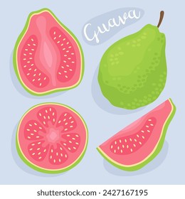 Guava. Pink guava, green guava. Half, slice and whole of fresh  guava. Guajava. 
