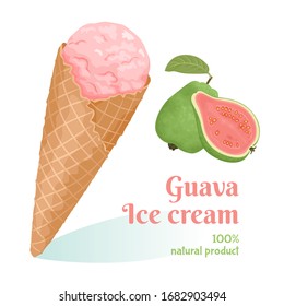 Guava pink ice cream in waffle cone Isolated on white background. Delicious tropical fruit sweets. Vector illustration of refreshing summer dessert in cartoon flat style. 