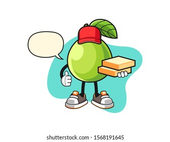 Guava pizza delivery with speech bubble cartoon. Mascot Character vector.