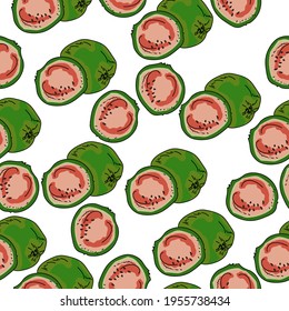 Guava nahtlose Muster, saftige Früchte, ganz und halb auf weißem Hintergrund, Vektorgrafik