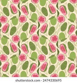 Guava seamless pattern. Tropical fruits repeat background. Vector hand drawn flat illustration.